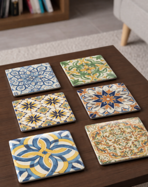 Set de seis posavasos cuadrados de cristal con baldosas hidráulicas